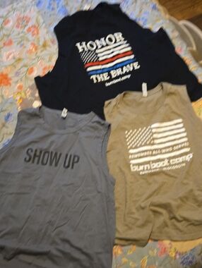 Burn Boot Camp Sleeveless Cropped Graphic Tees - Navy, Gray, Olive Lot Of 3